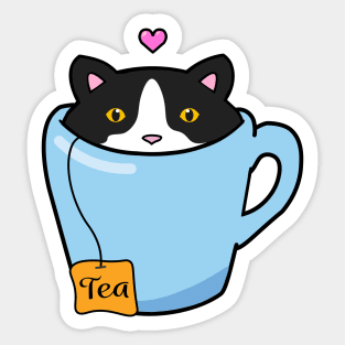 Sweet tuxedo cat sitting in a blue cup of tea Sticker